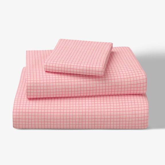 Mainstays Kids 100% Cotton Percale Bed Sheet Set, Twin, Pink Grid, 3 Pieces