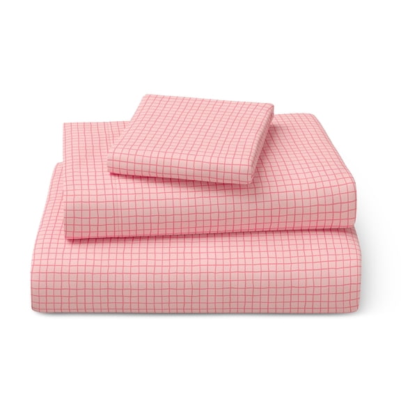 Mainstays Kids 100% Cotton Percale Bed Sheet Set, Twin, Pink Grid, 3 Pieces