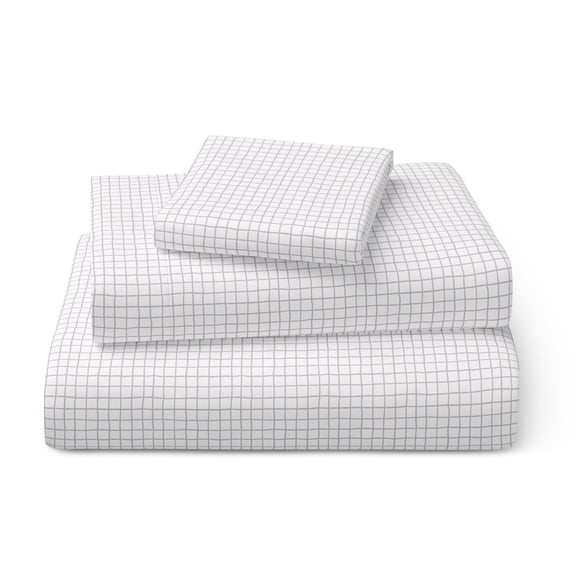Mainstays Kids 100% Cotton Percale Bed Sheet Set, Twin, White Grid, 3 Pieces