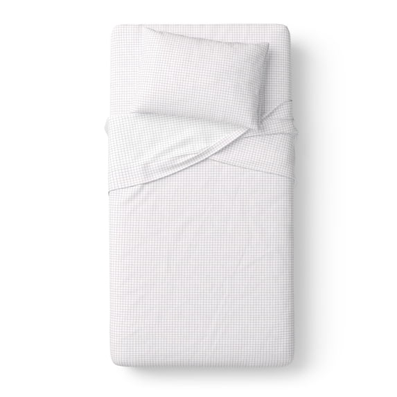 Mainstays Kids 100% Cotton Percale Bed Sheet Set, Twin, White Grid, 3 Pieces