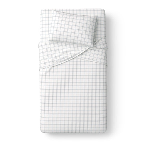 Mainstays Kids 100% Cotton Percale Bed Sheet Set, Twin, Plaid, 3 Pieces