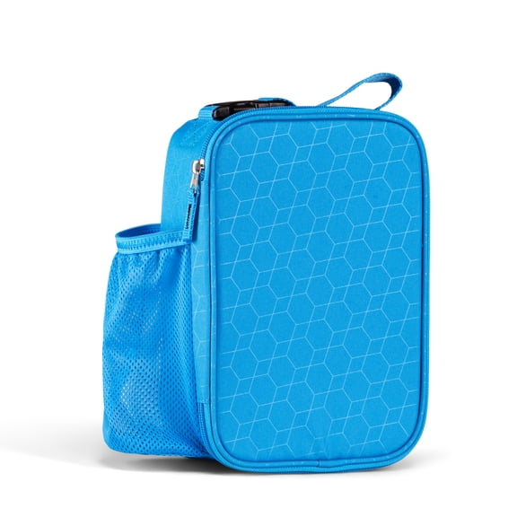 Mainstays Kids Geometric Insulated Polyester Reusable Lunch Bag with Mesh Side Pocket, Blue
