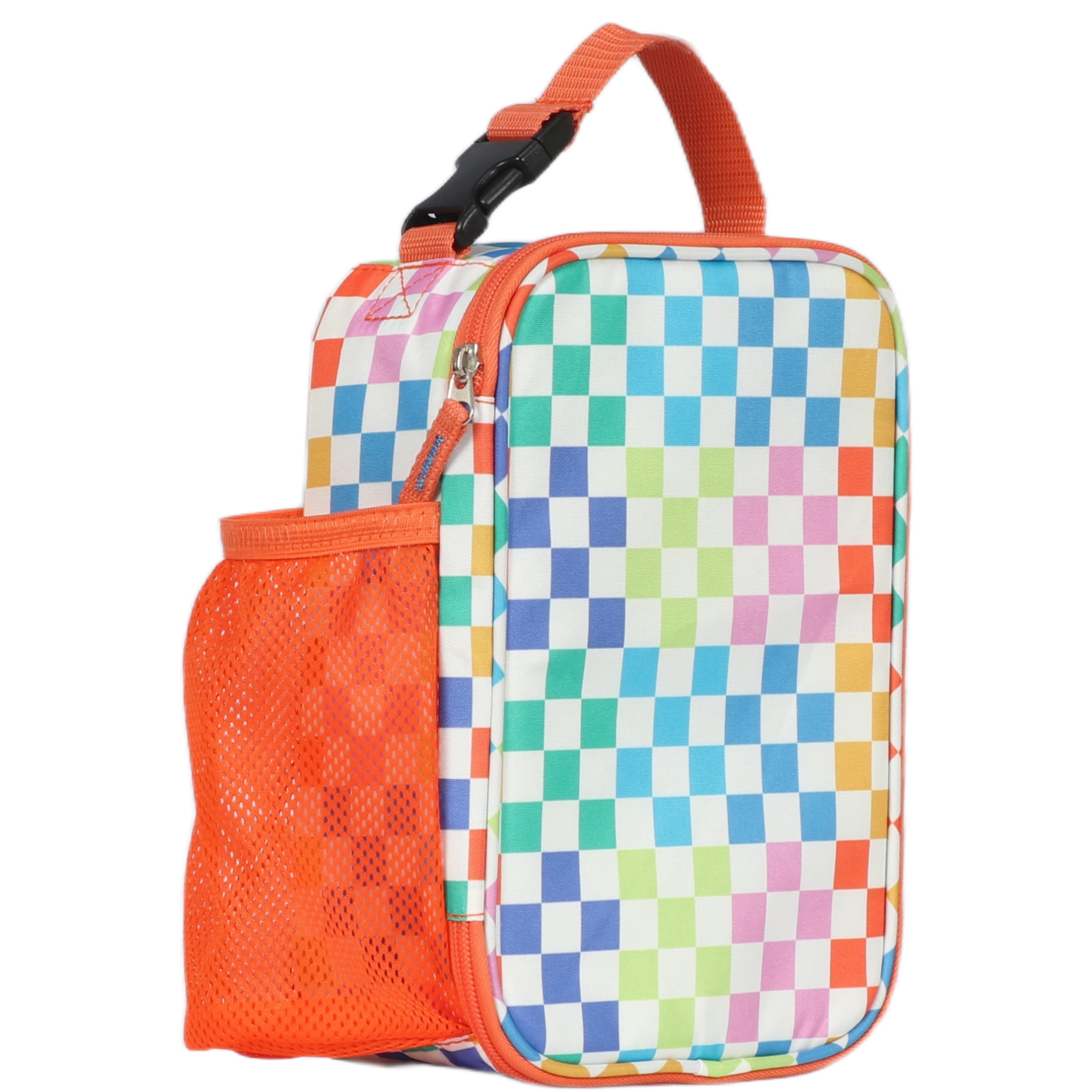 Mainstays Kids Checkered Insulated Polyester Reusable Lunch Bag with Mesh Side Pocket, Multicolor Checkered