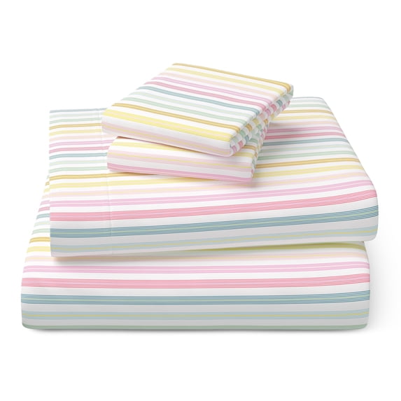 Mainstays Kids Microfiber Bed Sheet Set, Queen, Rainbow Stripe, 4 Pieces
