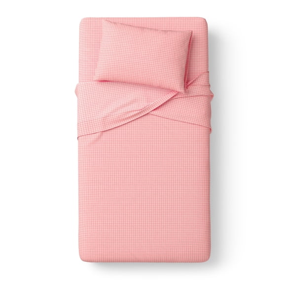 Mainstays Kids Microfiber Bed Sheet Set, Twin, Pink Grid, 3 Pieces