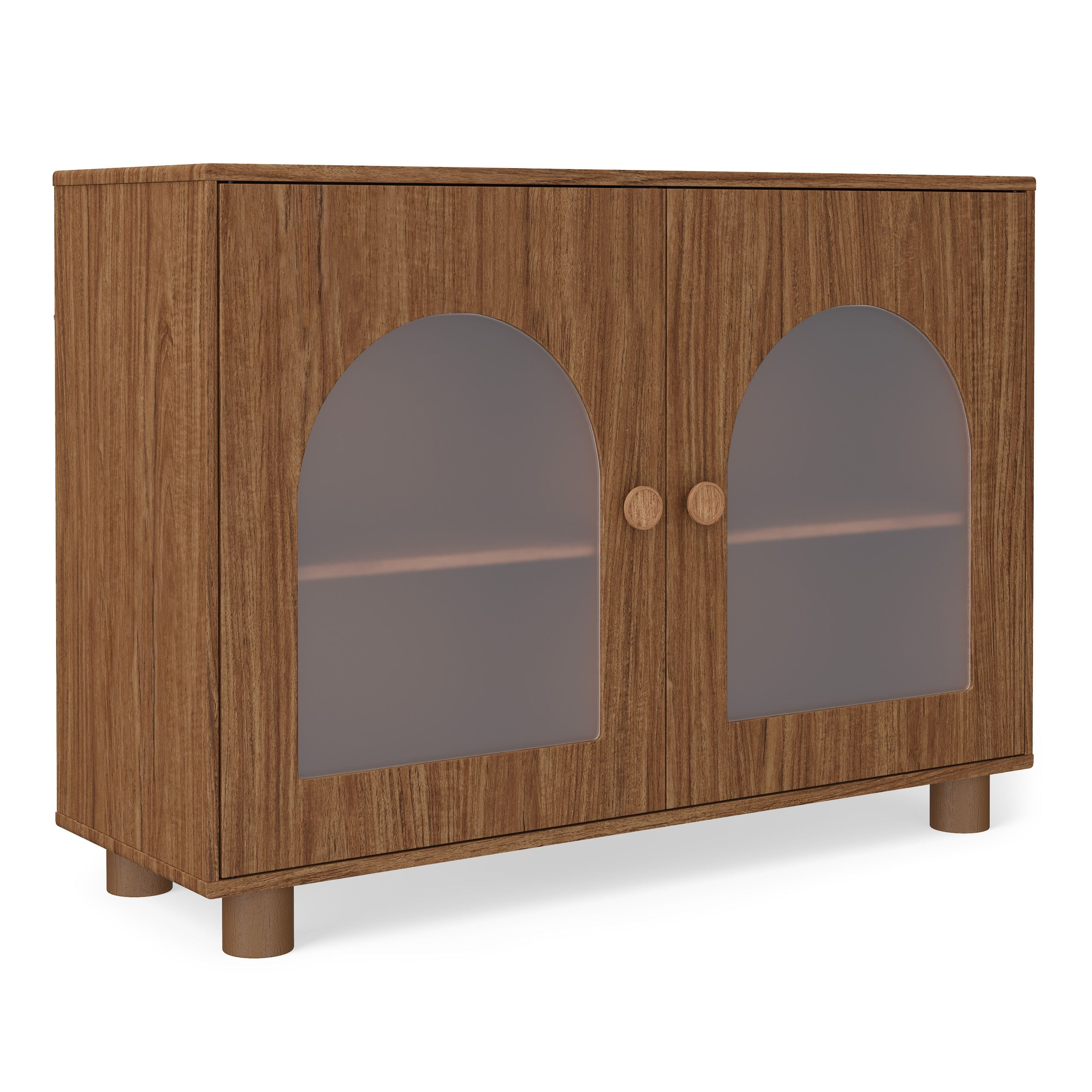 Mainstays Kids Arched Storage Accent Cabinet with Acrylic Doors, Warm Walnut