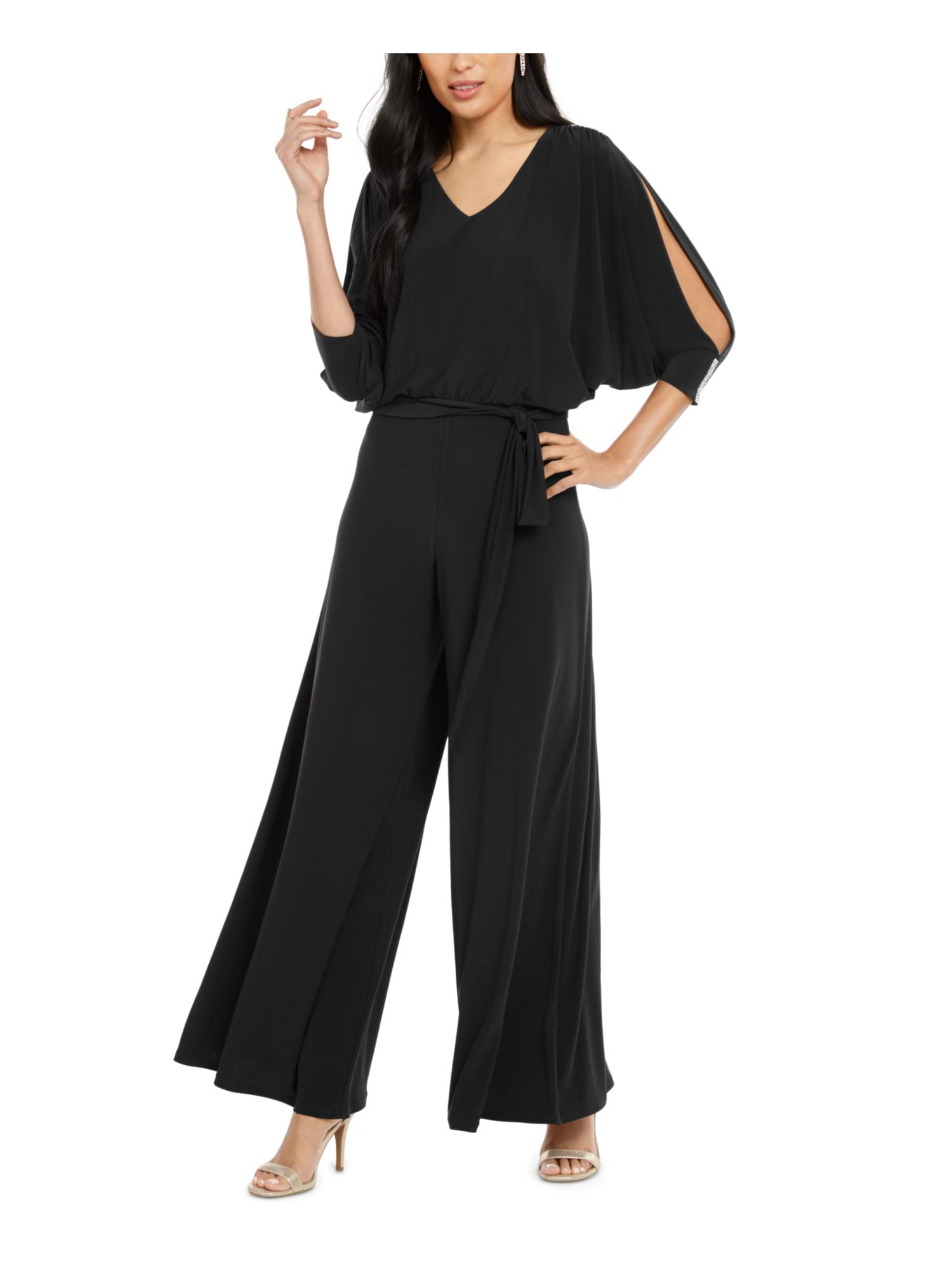 Msk Black Jumpsuit Outlet (MSK PETITES Womens Black Embellished Zippered  Split Elbow Sleeves V Neck Wear To Work Wide Leg Jumpsuit Petites PL)