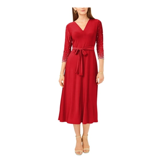 MSK PETITES Womens Red Stretch Embellished Belted 3/4 Sleeve V Neck Midi Party Fit + Flare Dress Petites PXL