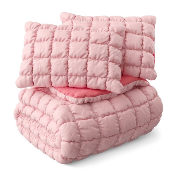 Mainstays Kids Pink Solid Puffy Comforter Set, Full/Queen, 3 Pieces