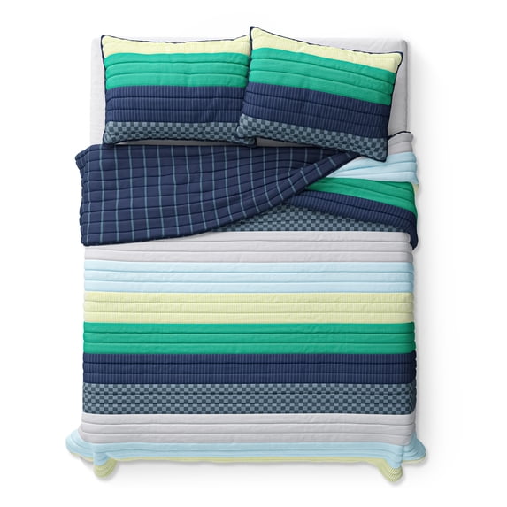 Mainstays Kids Reversible Green Stripe Stitch Quilt Set, Full/Queen, 3-Piece