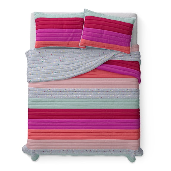 Mainstays Kids Reversible Pink Stripe Stitch Quilt Set, Full/Queen, 3 Pieces
