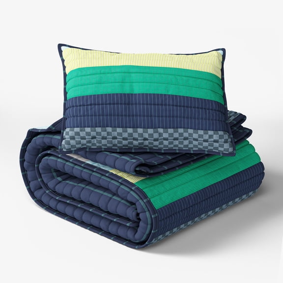 Mainstays Kids Reversible Green Stripe Stitch Quilt Set, Twin, 2 Pieces