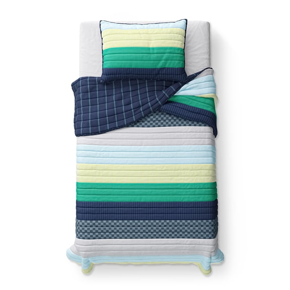 Mainstays Kids Reversible Green Stripe Stitch Quilt Set, Twin, 2 Pieces