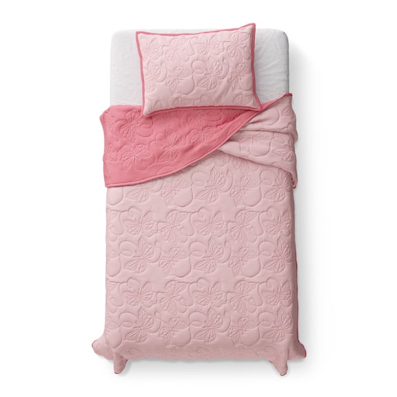Mainstays Kids Reversible Butterfly Stitch Quilt Set, Light Pink, Twin, 2 Pieces