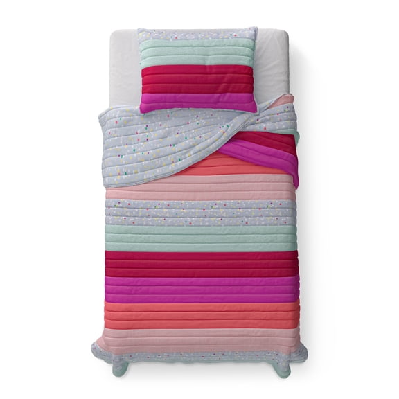 Mainstays Kids Reversible Pink Stripe Stitch Quilt Set, Twin, 2 Pieces
