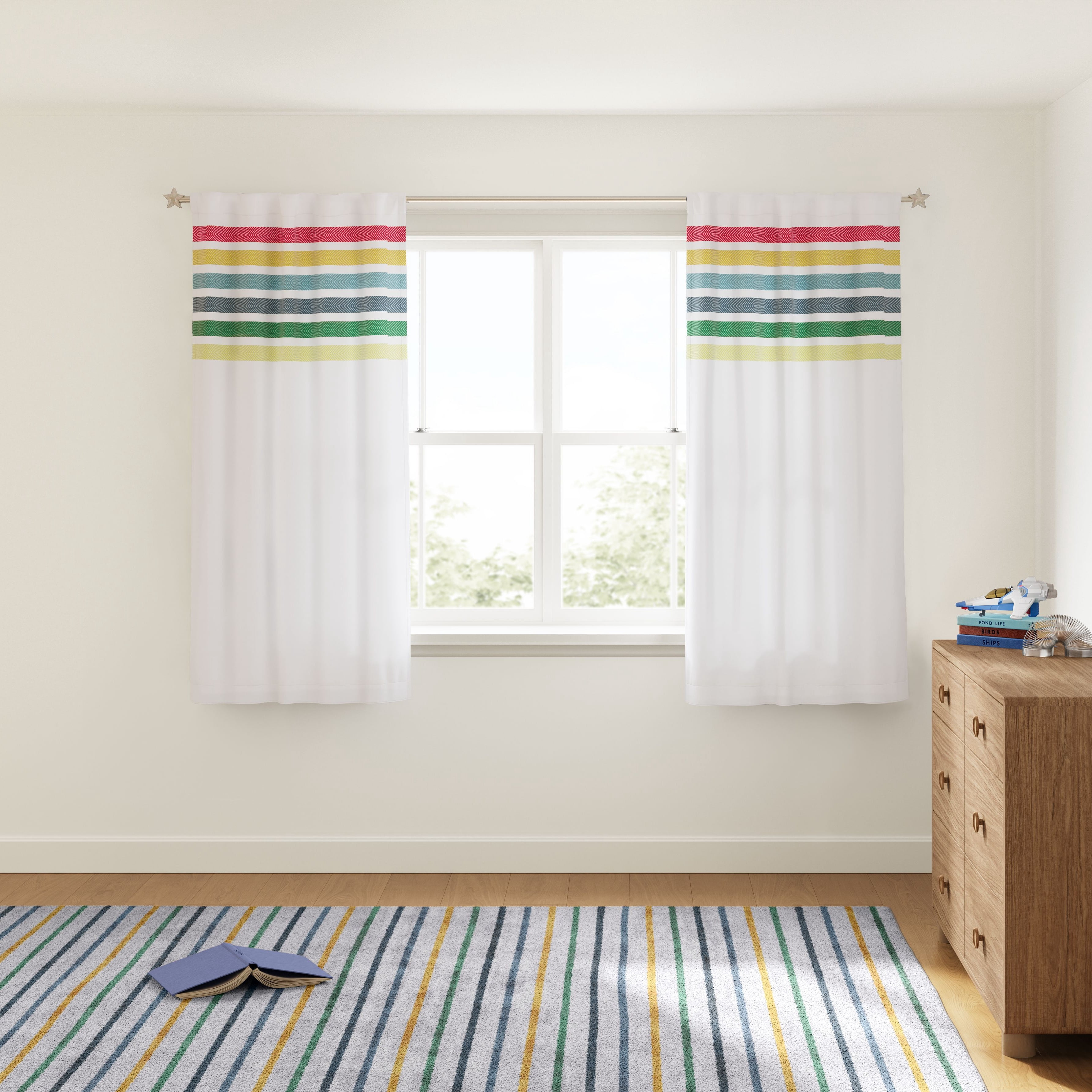 Mainstays Kids White and Rainbow Stripe Blackout Rod Pocket with Back Tabs Single Curtain Panel, 38" W x 63" L