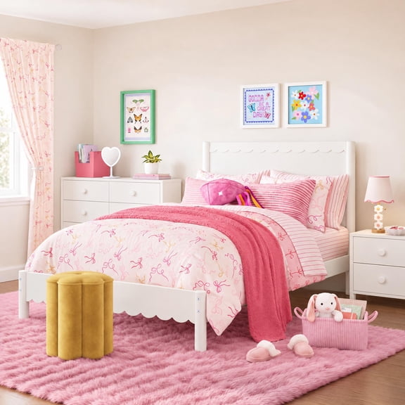 Mainstays Kids Twin Size Wood Bed with Scalloped Trim, White