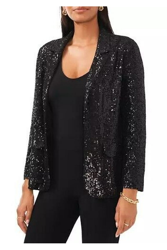 Women's Sequined Notched Collar Open-Front Jacket Black S B4HP $109