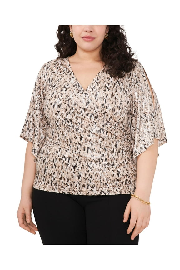 Womens Beige Metallic Ruched Pullover Printed 3/4 Sleeve Surplice Neckline Faux Wrap Top Plus 1X