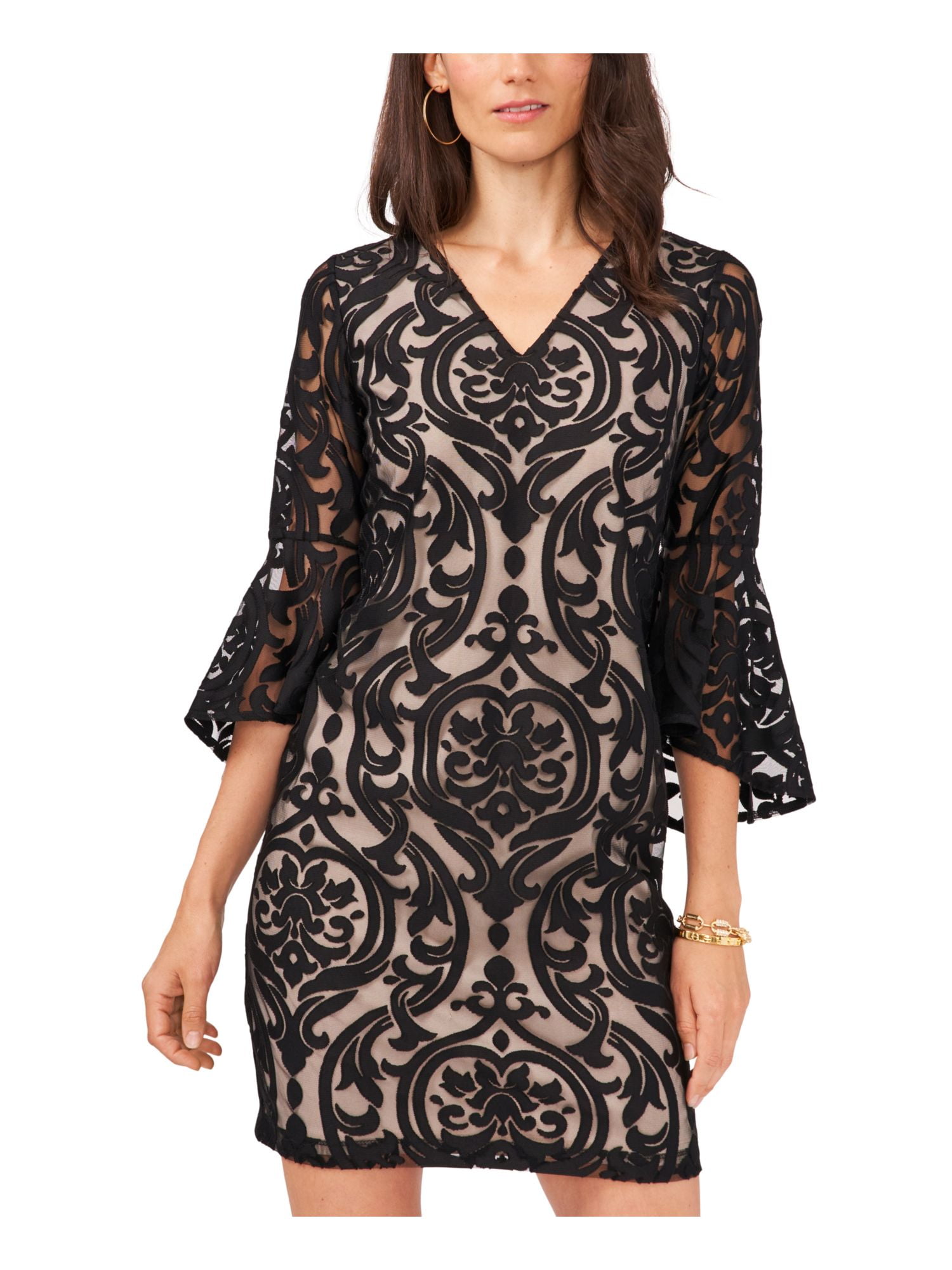 MSK Womens Beige Zippered Lined Bell Sleeve V Neck Short Party Sheath