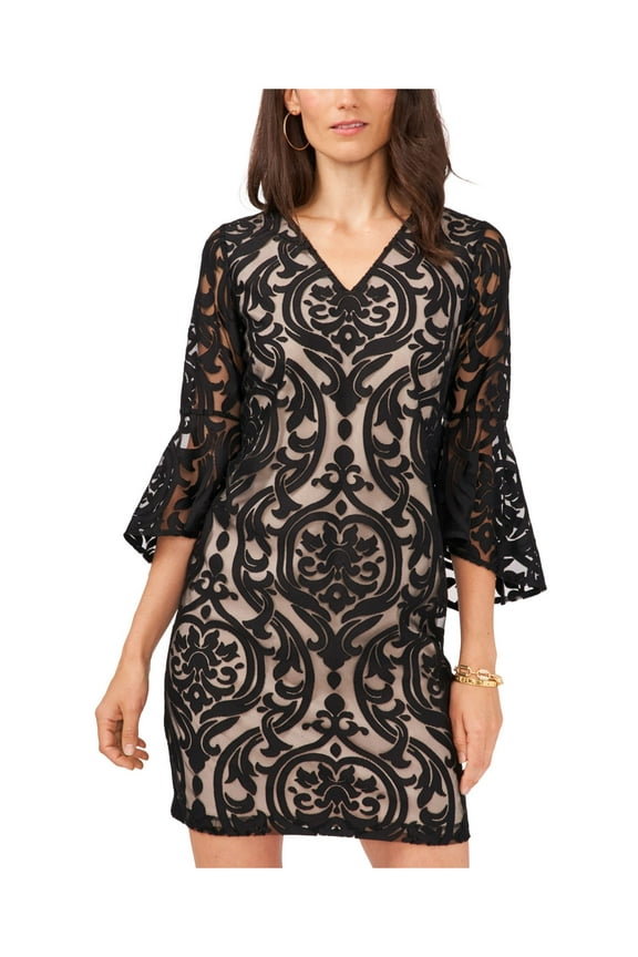 Womens Beige Zippered Lined Bell Sleeve V Neck Short Party Sheath Dress Petites 6P