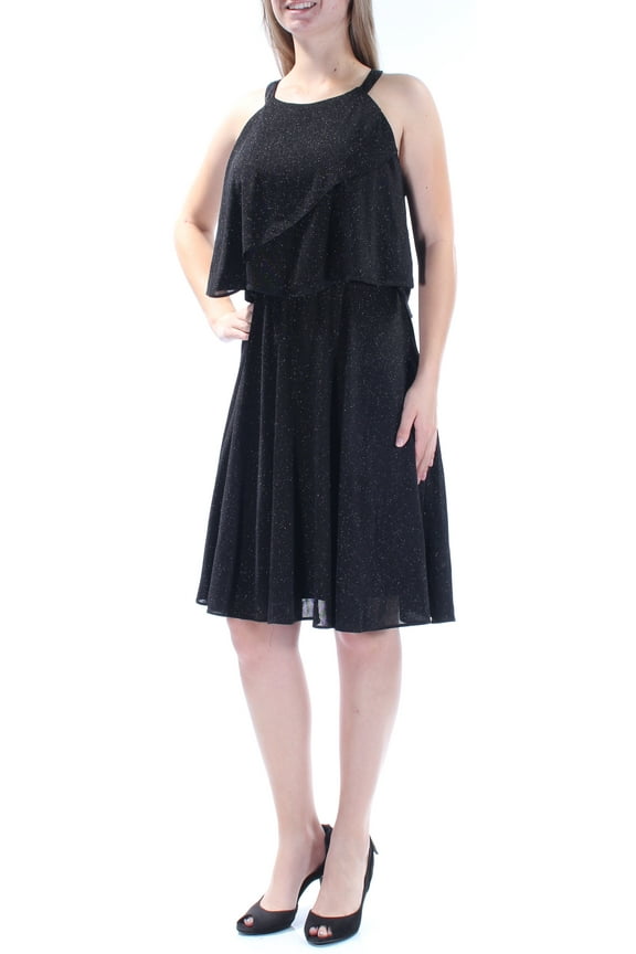 Womens Black Glitter Sleeveless Jewel Neck Knee Length Party Dress Size: 6