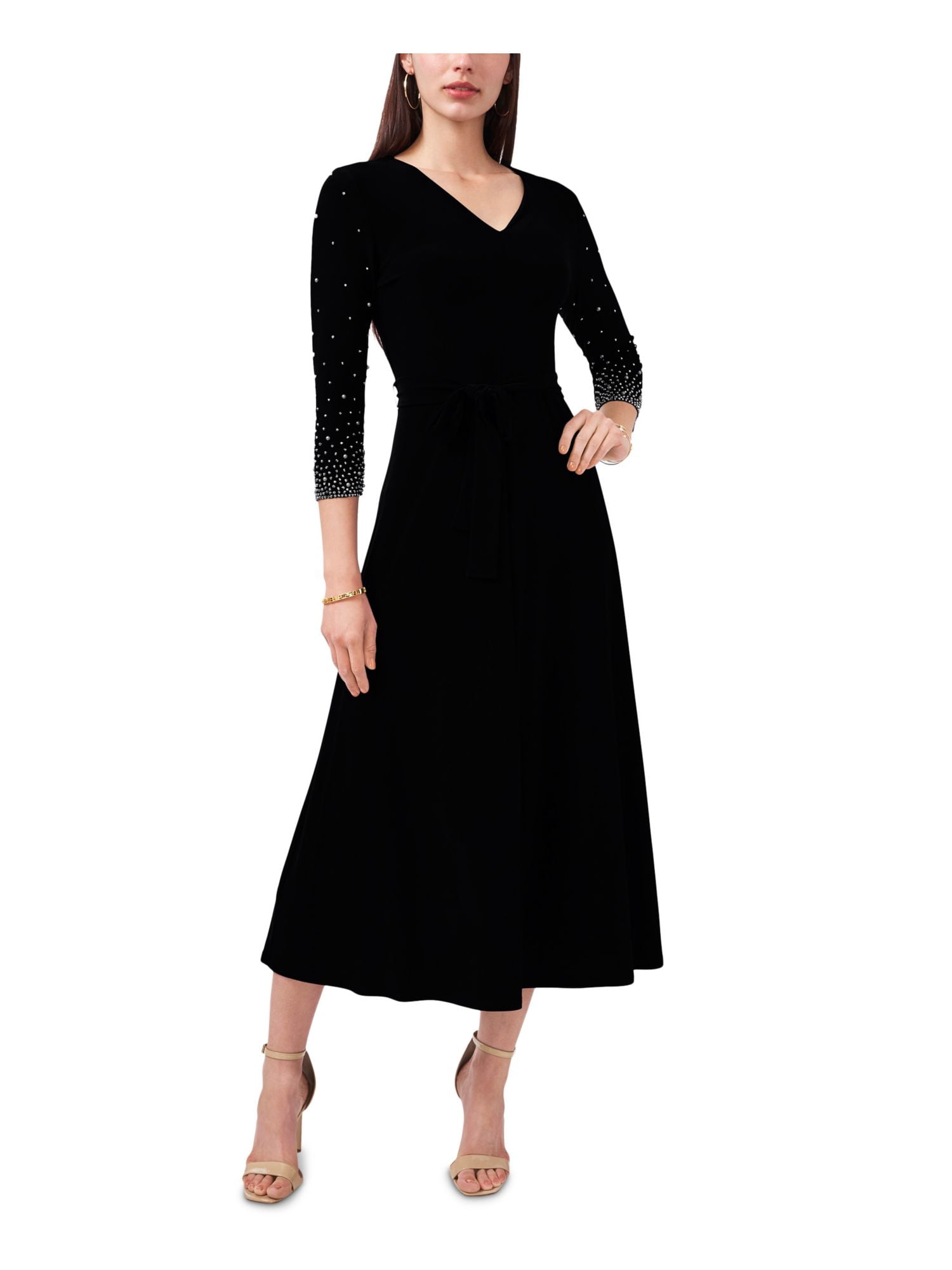 msk black dress Womens Stretch Beaded Belted Jersey Knit Pullover Unlined 3/4 Sleeve V Neck Midi Fit + Flare M Fiber Content MSK Women's Embellished Cold-Shoulder Shift