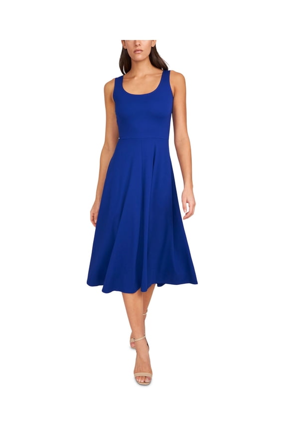 Womens Blue Stretch Sleeveless Scoop Neck Midi Wear To Work Fit + Flare Dress L