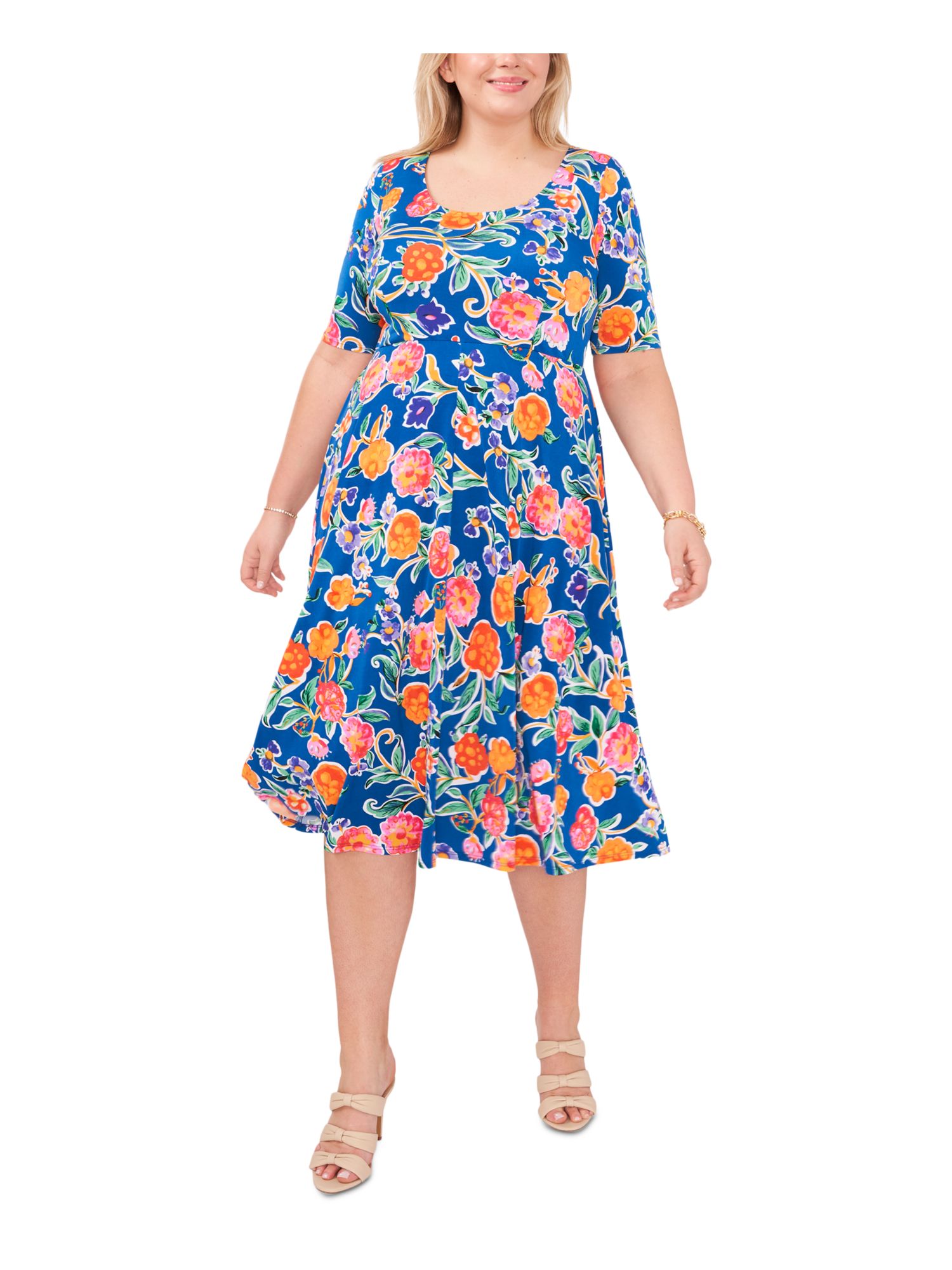 MSK Womens Blue Unlined Floral Short Sleeve Scoop Neck Below The Knee