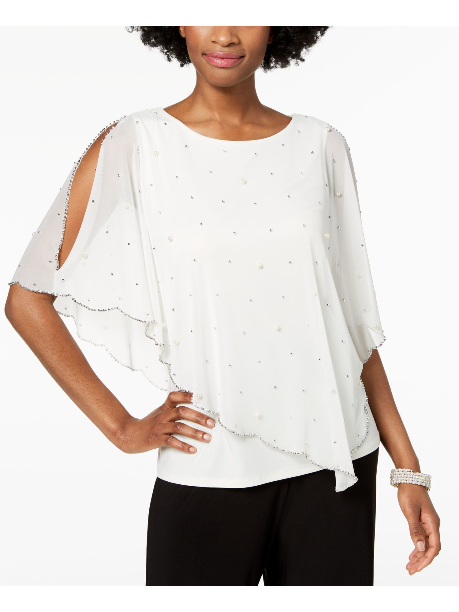 MSK Women's Embellished Asymmetrical Overlay Top -White Size MSK Women's Embellished Asymmetrical Overlay Top -White Size