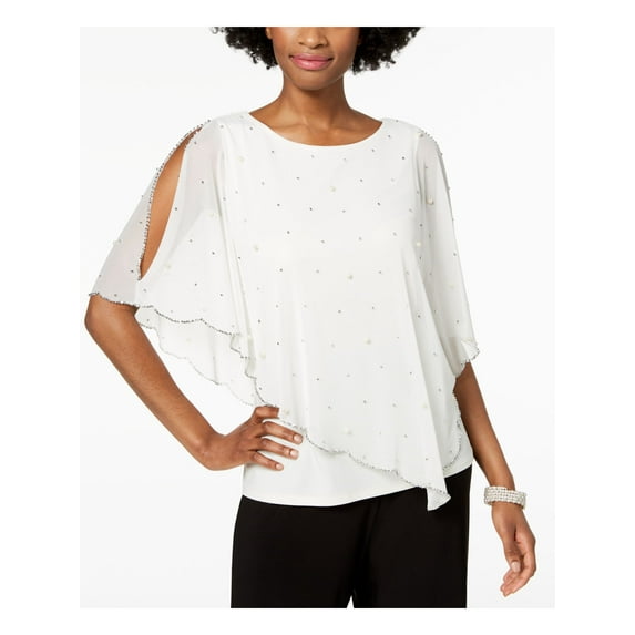 MSK Womens Ivory Stretch Rhinestone Asymmetrical Overlay Sleeveless Crew Neck Evening Top XL