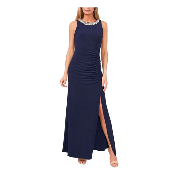 MSK Womens Navy Stretch Embellished Slitted Zippered Sleeveless Round Neck Full-Length Evening Gown Dress 6