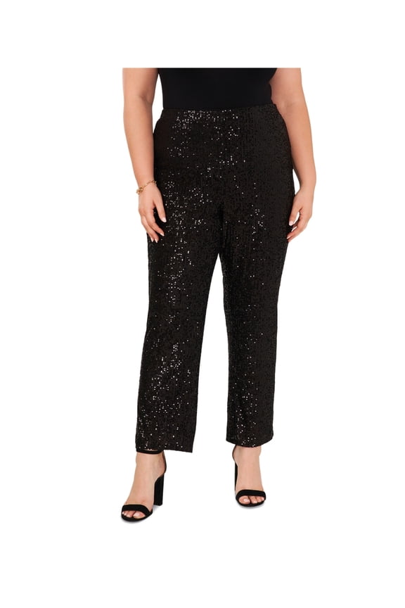 Womens Palazzo Sequined Casual Trouser Pants, Black, Plus Size, 1X
