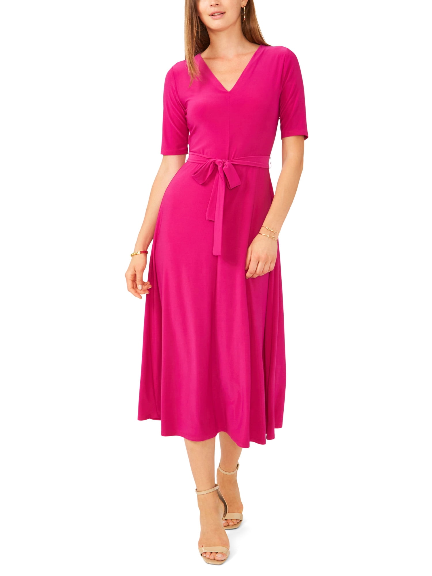 MSK Womens Pink Elbow Sleeve V Neck Midi Wear To Work Fit + Flare Dress M -  Walmart.com