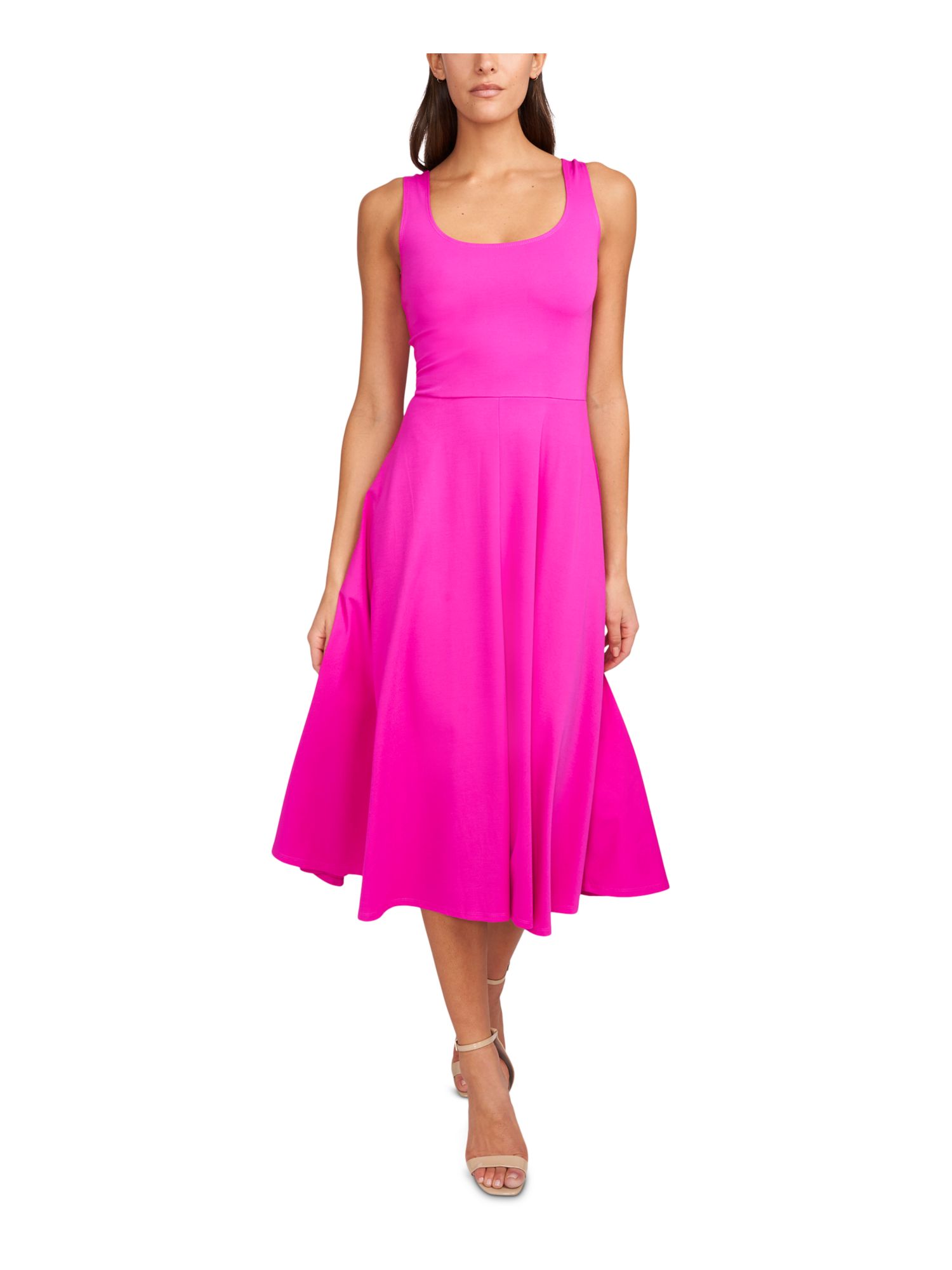 msk pink dress MSK Womens Pink Stretch Sleeveless Scoop Neck Midi Fit + Flare Dress M