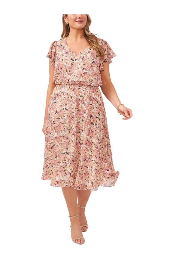 Womens Plus Floral Print Mid Calf Midi Dress