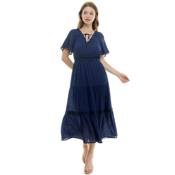 Women's Luxology Tie-Front Tiered Midi Gauze Dress Color: Navy Size: MEDIUM