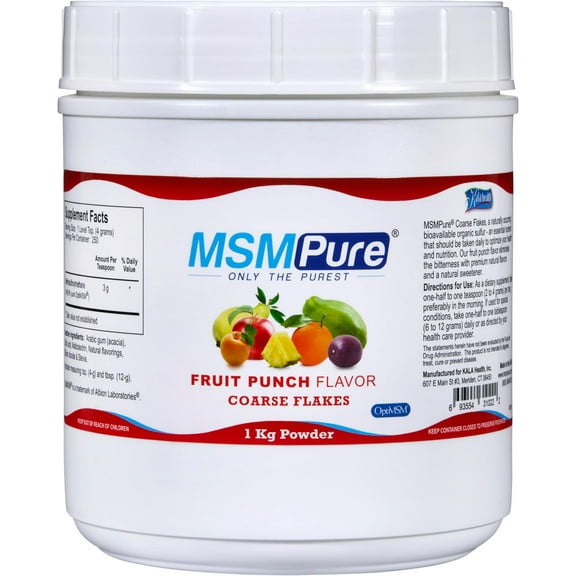 KALA HEALTH MSMPure Fruit Punch Flavored Coarse MSM Powder Flakes US-Made MSM for Joint Health, Skin Appearance, and Hair & Nail Support 2.2 lb, Organic Sulfur
