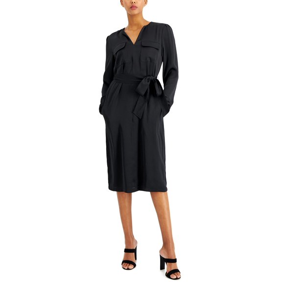 MSRP $100 Alfani Women Satin Utility Tie-Waist Shirtdress Black Size Large