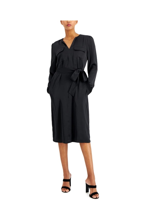 MSRP $100 Alfani Women Satin Utility Tie-Waist Shirtdress Black Size Large