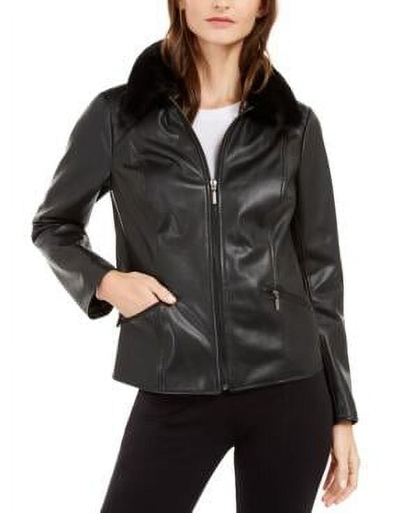 MSRP $120 Alfani Faux-Leather Faux-Fur-Collar Jacket Black Size Medium