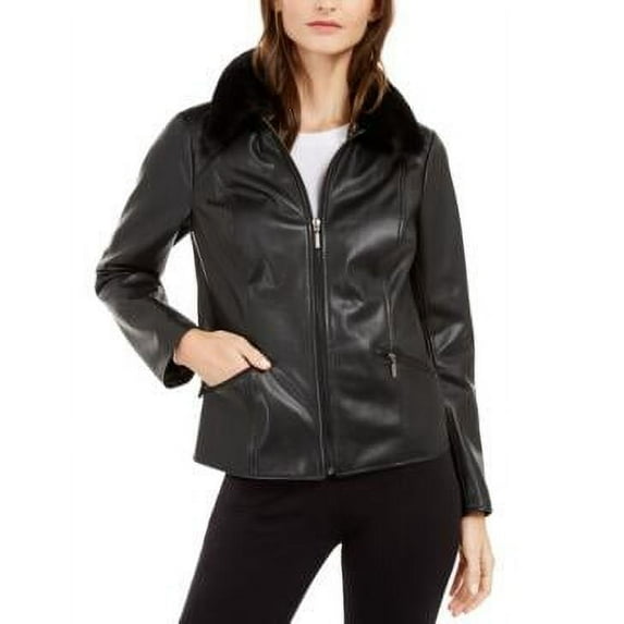 MSRP $120 Alfani Faux-Leather Faux-Fur-Collar Jacket Black Size Medium