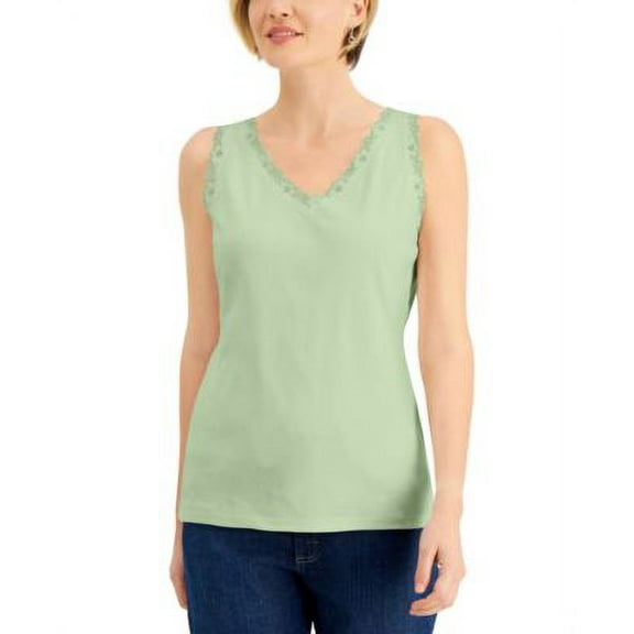 MSRP $13 Karen Scott Women Cotton Scalloped-Lace Tank Top Green Size 2XL
