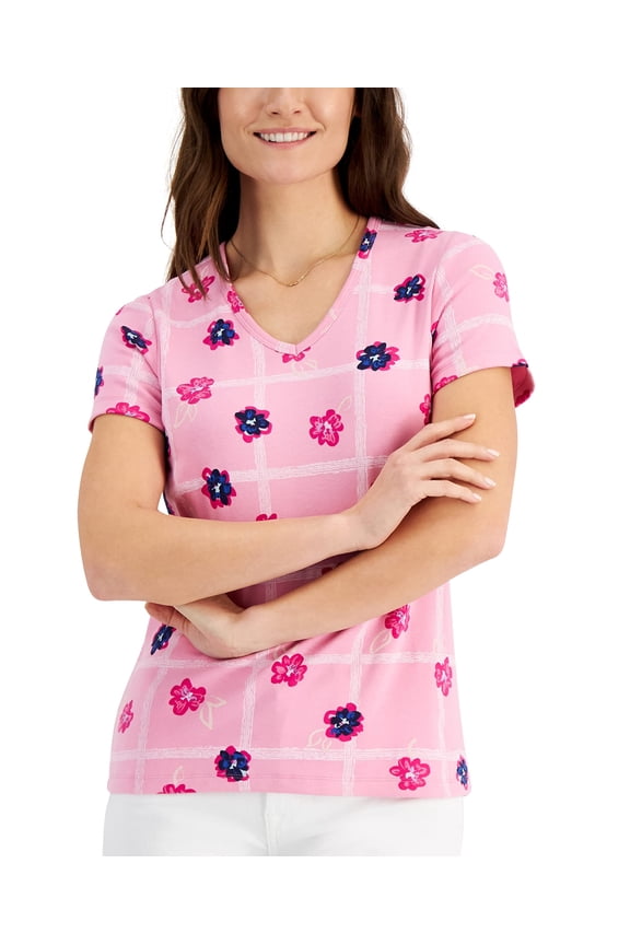 MSRP $13 Karen Scott Womens Garden Trelis V-Neck Top Pink Size Small