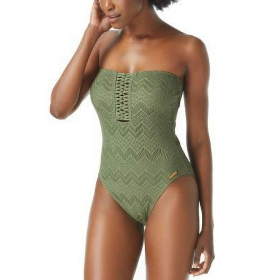 MSRP $134 Vince Camuto Crochet Bandeau One-Piece Swim Safari Green Size 10