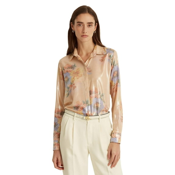 MSRP $135 Lauren Ralph Lauren Crepe Shirt Metallic Blush Natural Size XS