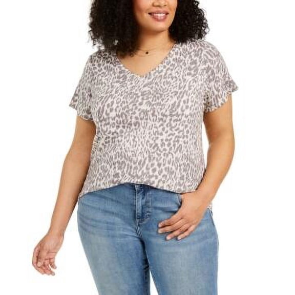 Style & Co Plus Size Burnout Printed V Neck Top Spring Animal 0X