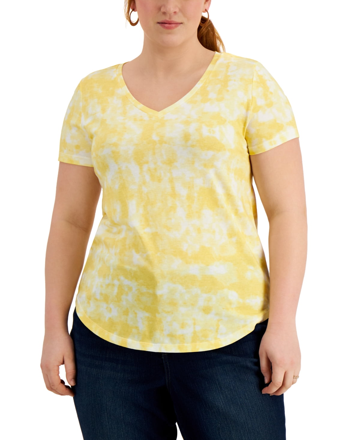 MSRP $18 Style & Co Plus Size V-Neck Tie-Dyed T-Shirt Yellow Size 0X