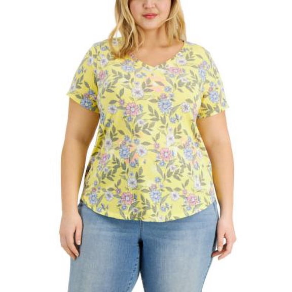 MSRP $18 Style & Co Women Plus Size Floral Burnout V-Neck T-Shirt Yellow Size 2X