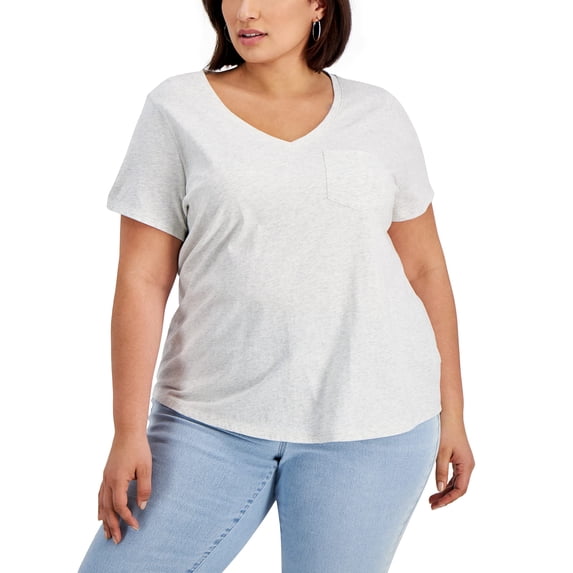Style & Co Plus Size Cotton Solid V Neck Top Whispy Grey Heather 3X